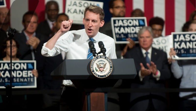 Jason Kander speaking at a rally during his 2016 U.S. Senate campaign